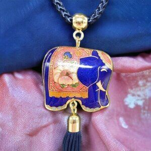 Vtg Cloisonne Elephant Puff Pendant Necklace Tassle Blue Pink 24" double sided